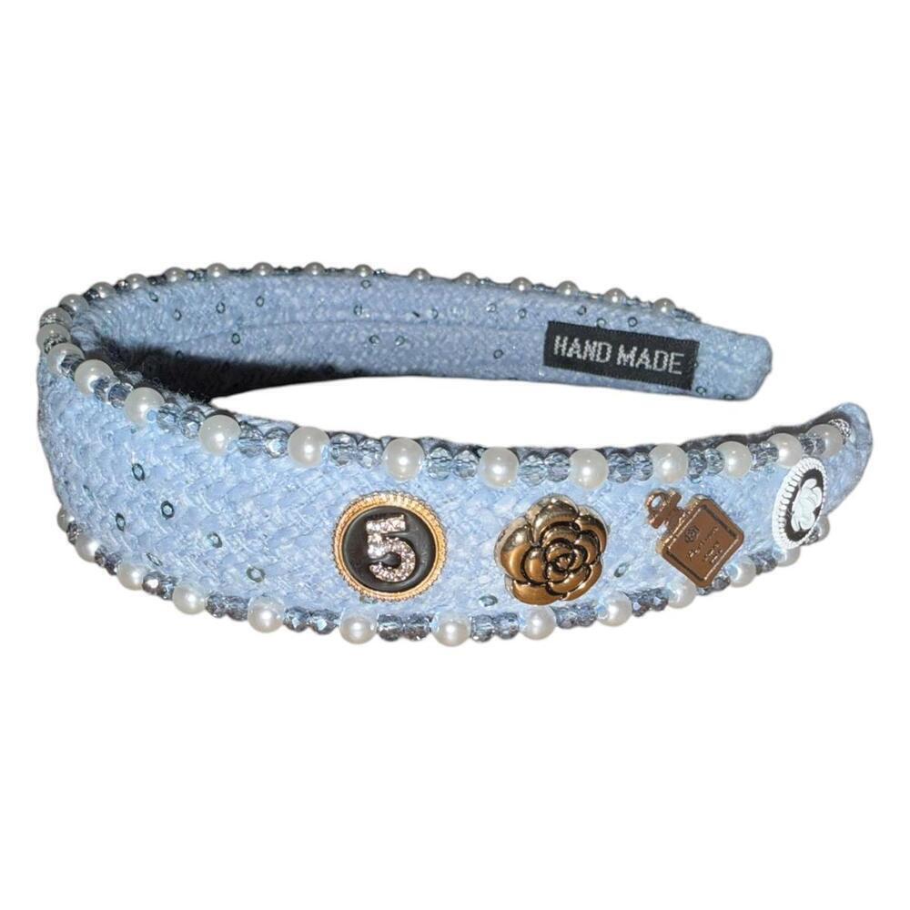 New Designer Inspired Handmade Light Blue Beaded and Pearl Embellished Headband